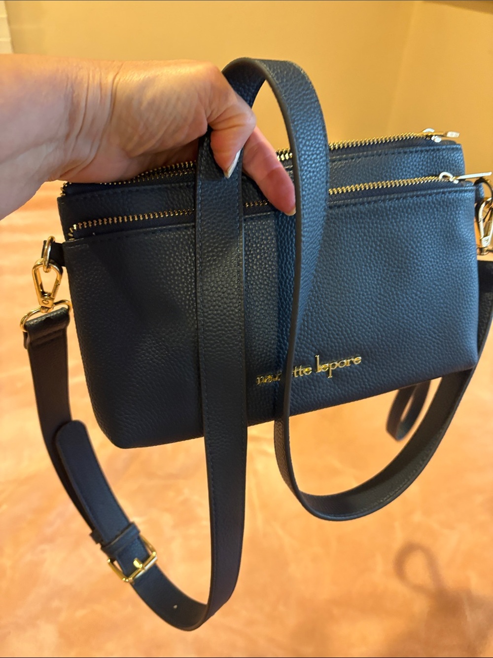 Nanette Lepore Navy Blue Pebbled Leather Crossbody with Gold Hardware